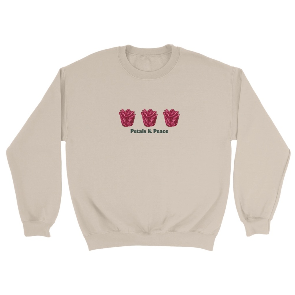 Gildan Beige Sweatshirt w/ Floral Design, Unisex Medium, Petals & Peace Crewneck